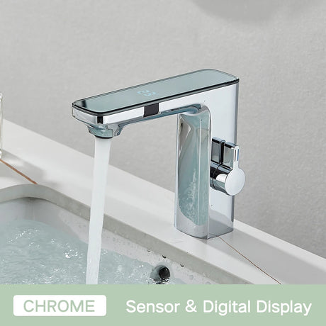 Smart touchless sensor basin faucet with digital display for hot and cold water control