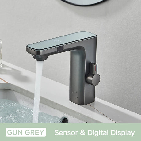 Smart touchless sensor basin faucet with digital display for hot and cold water control