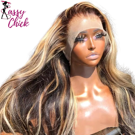 Transparent Body Colored Highlight Human Hair Wigs Sassy Chick Logo