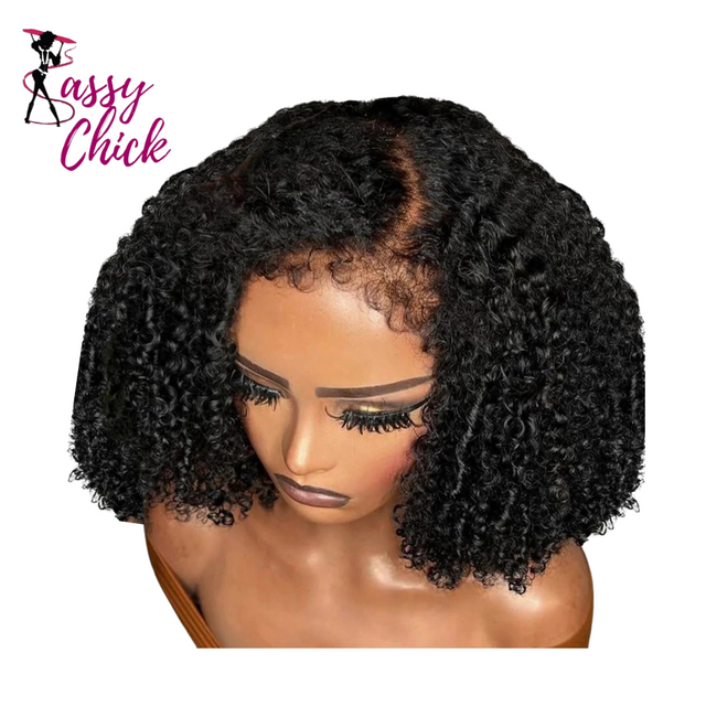 Transparent Short Bob Kinky Curly Human Hair Wig Natural Hairline sassy chick  logo