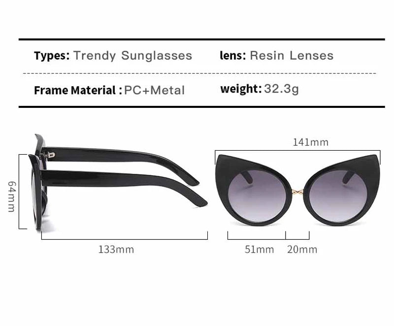 Size of Trendy Cat Eye Big Frame Women's Sunglasses