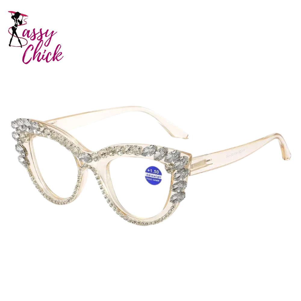 Trendy Diamond Inlaid Presbyopia Cat Eye Eyewear Sassy Chick Logo
