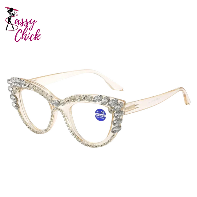Trendy Diamond Inlaid Presbyopia Cat Eye Eyewear Sassy Chick Logo