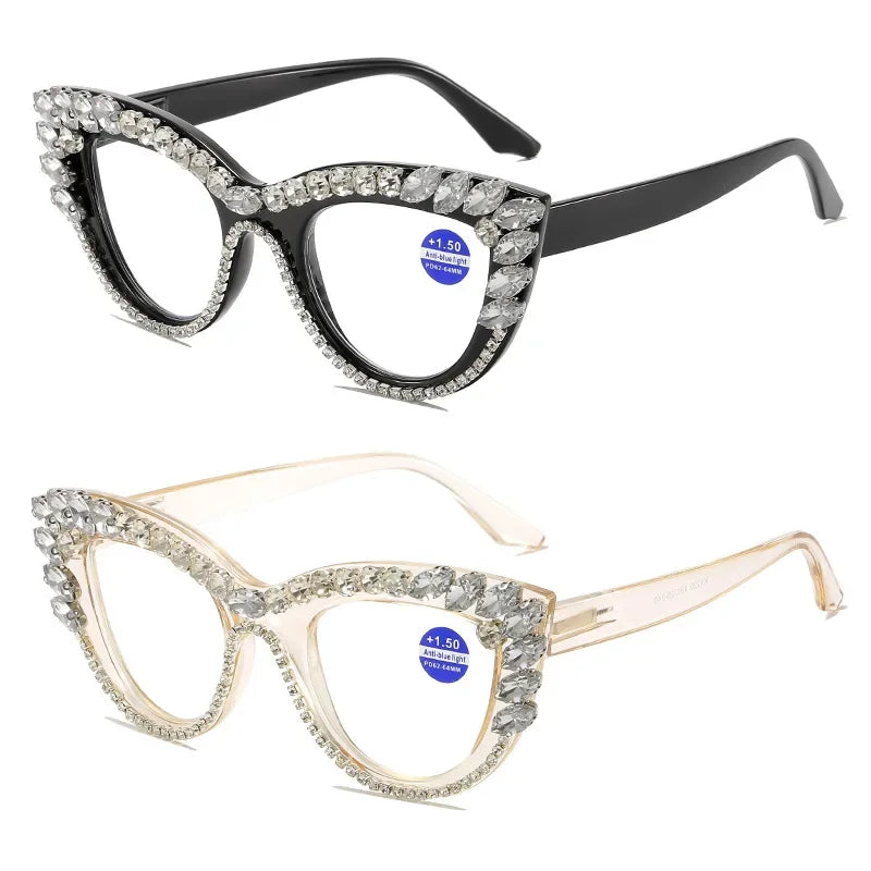 Black White Trendy Diamond Inlaid Presbyopia Cat Eye Eyewear