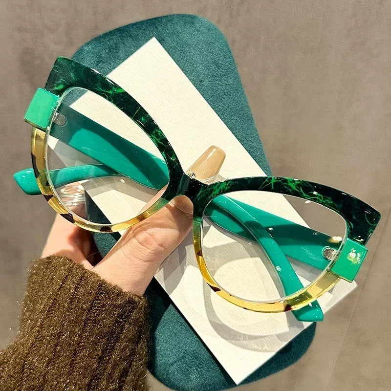 Green Trendy Large Cat Eye Far Sight Reading Glasses