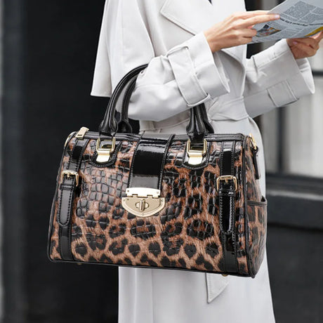 model using Trendy Leopard Woman Handbag