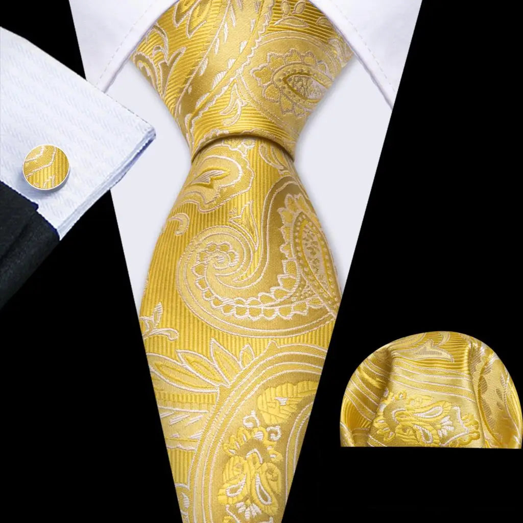 Gold Tulip Silk Men Cufflink Jacquard Necktie Set