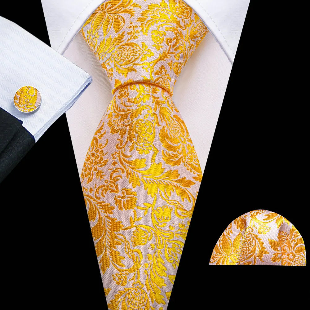 Orange Tulip Silk Men Cufflink Jacquard Necktie Set