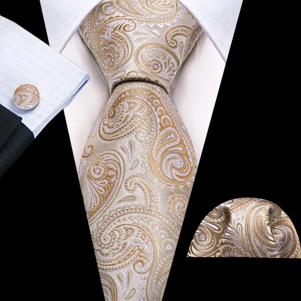 Beige Tulip Silk Men Cufflink Jacquard Necktie Set