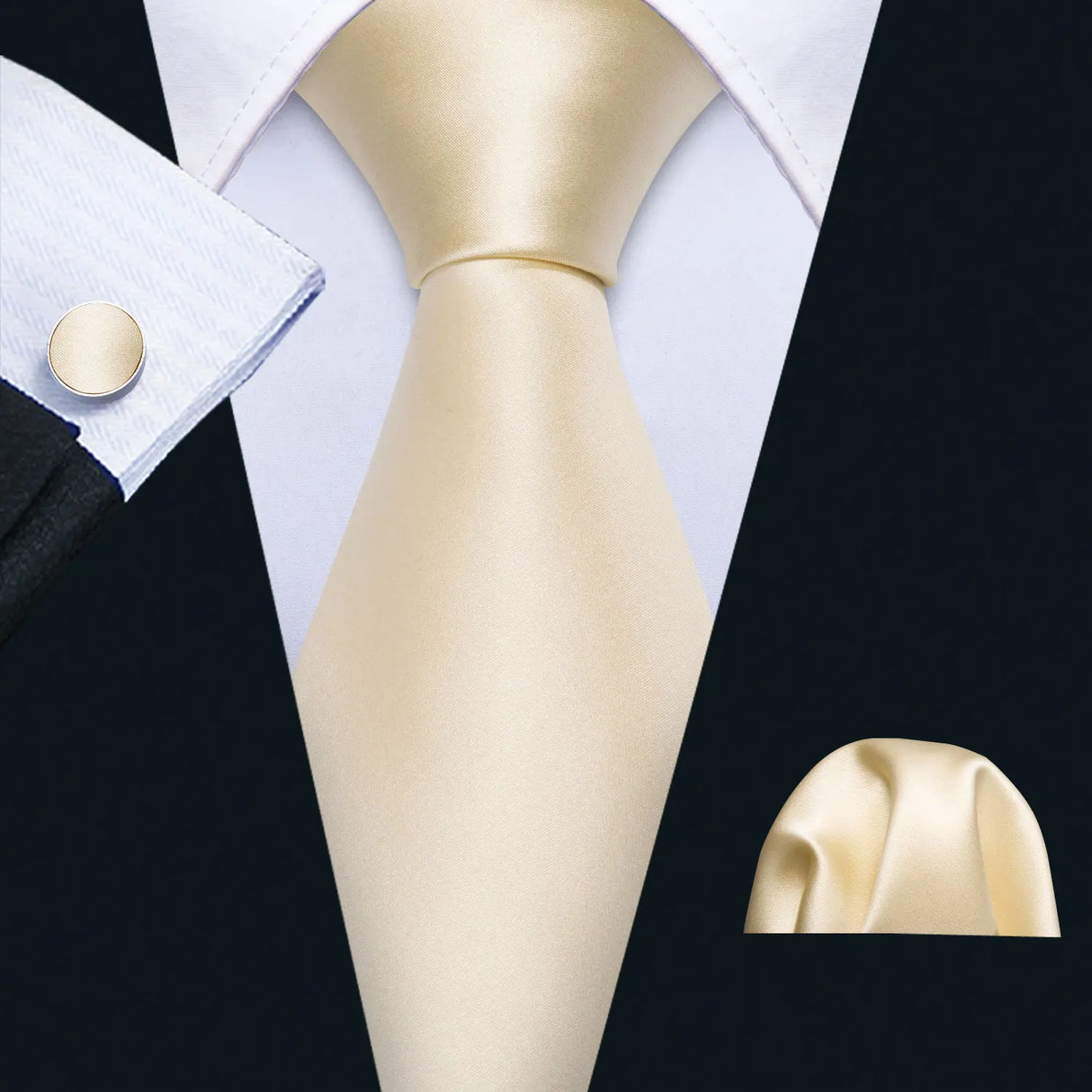 beige Tulip Silk Men Cufflink Jacquard Necktie Set