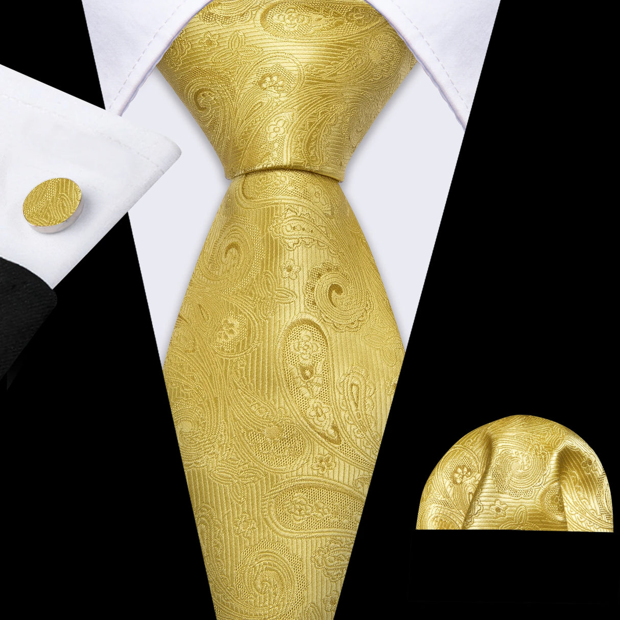 Gold Tulip Silk Men Cufflink Jacquard Necktie Set