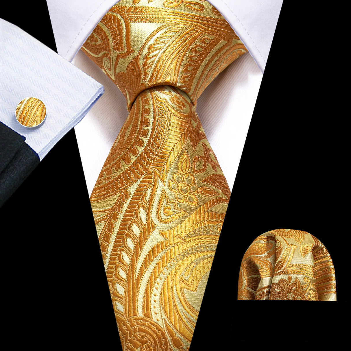 gold Tulip Silk Men Cufflink Jacquard Necktie Set