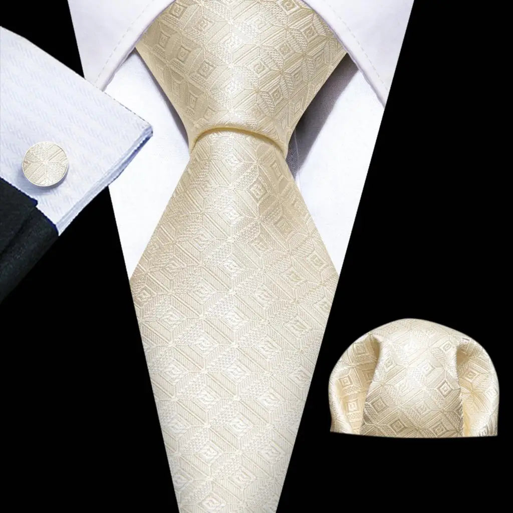 White Tulip Silk Men Cufflink Jacquard Necktie Set