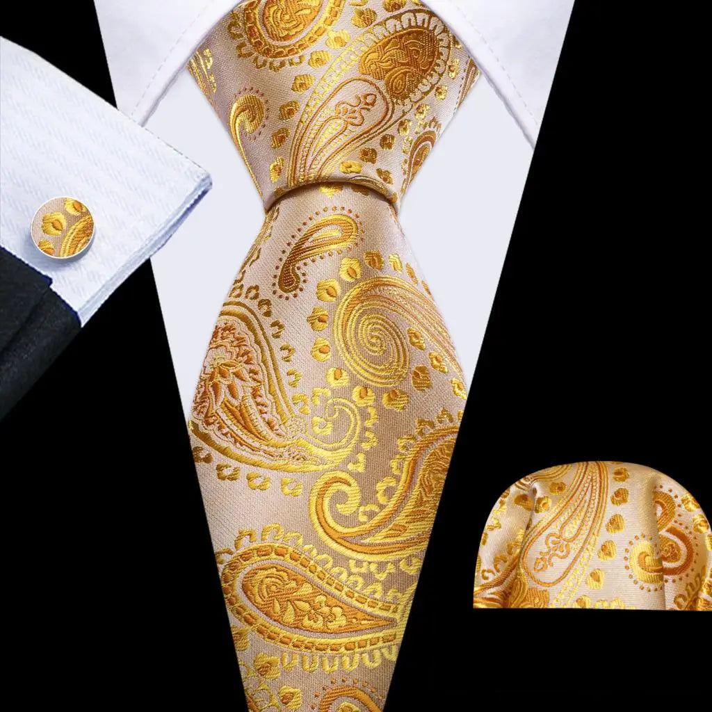 Gold Tulip Silk Men Cufflink Jacquard Necktie Set
