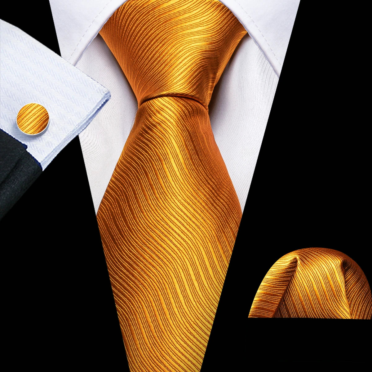 Gold Tulip Silk Men Cufflink Jacquard Necktie Set
