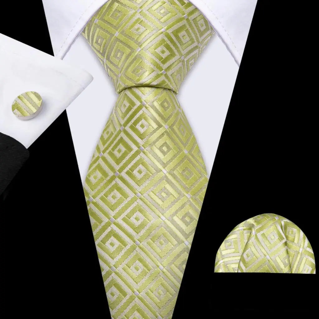 green Tulip Silk Men Cufflink Jacquard Necktie Set