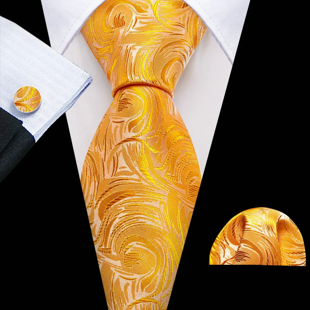 orange Tulip Silk Men Cufflink Jacquard Necktie Set
