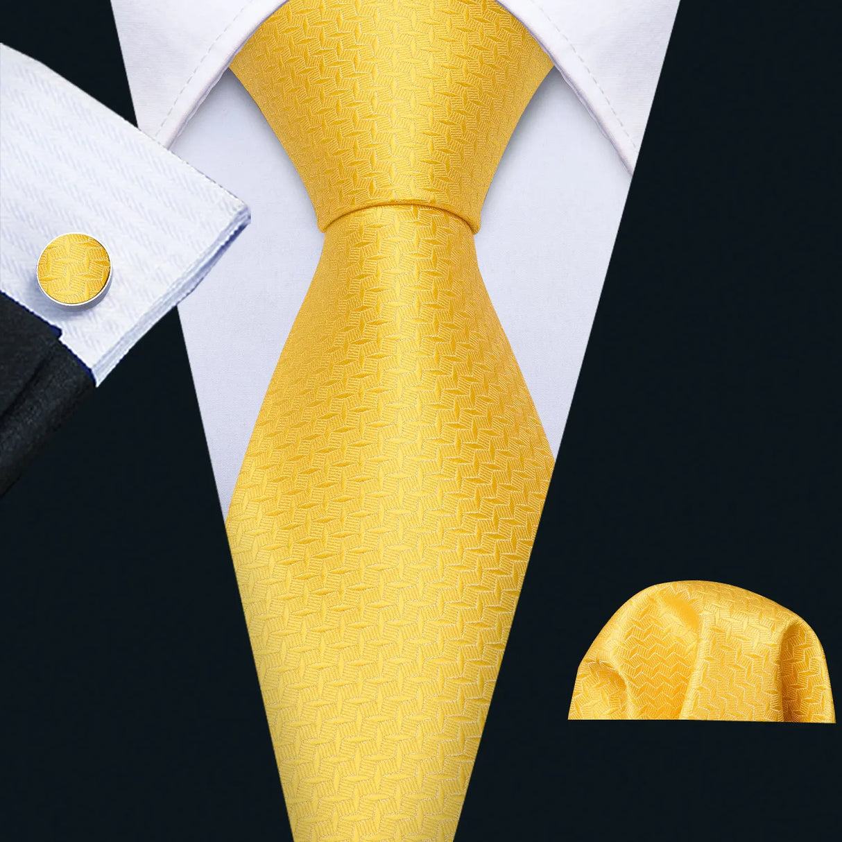 yellow Tulip Silk Men Cufflink Jacquard Necktie Set