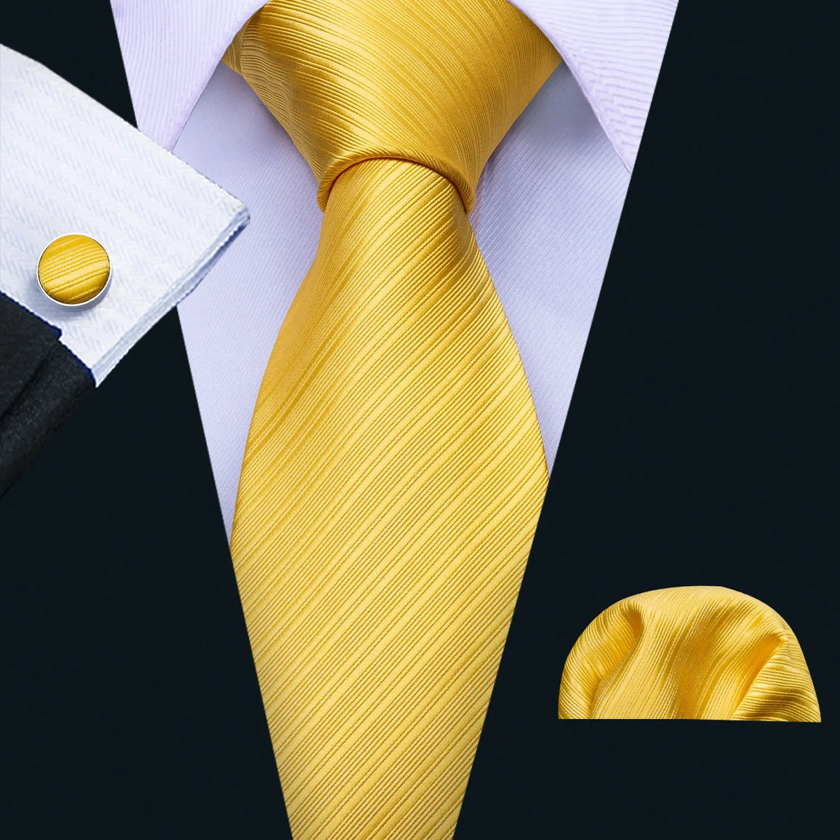 yellow Tulip Silk Men Cufflink Jacquard Necktie Set