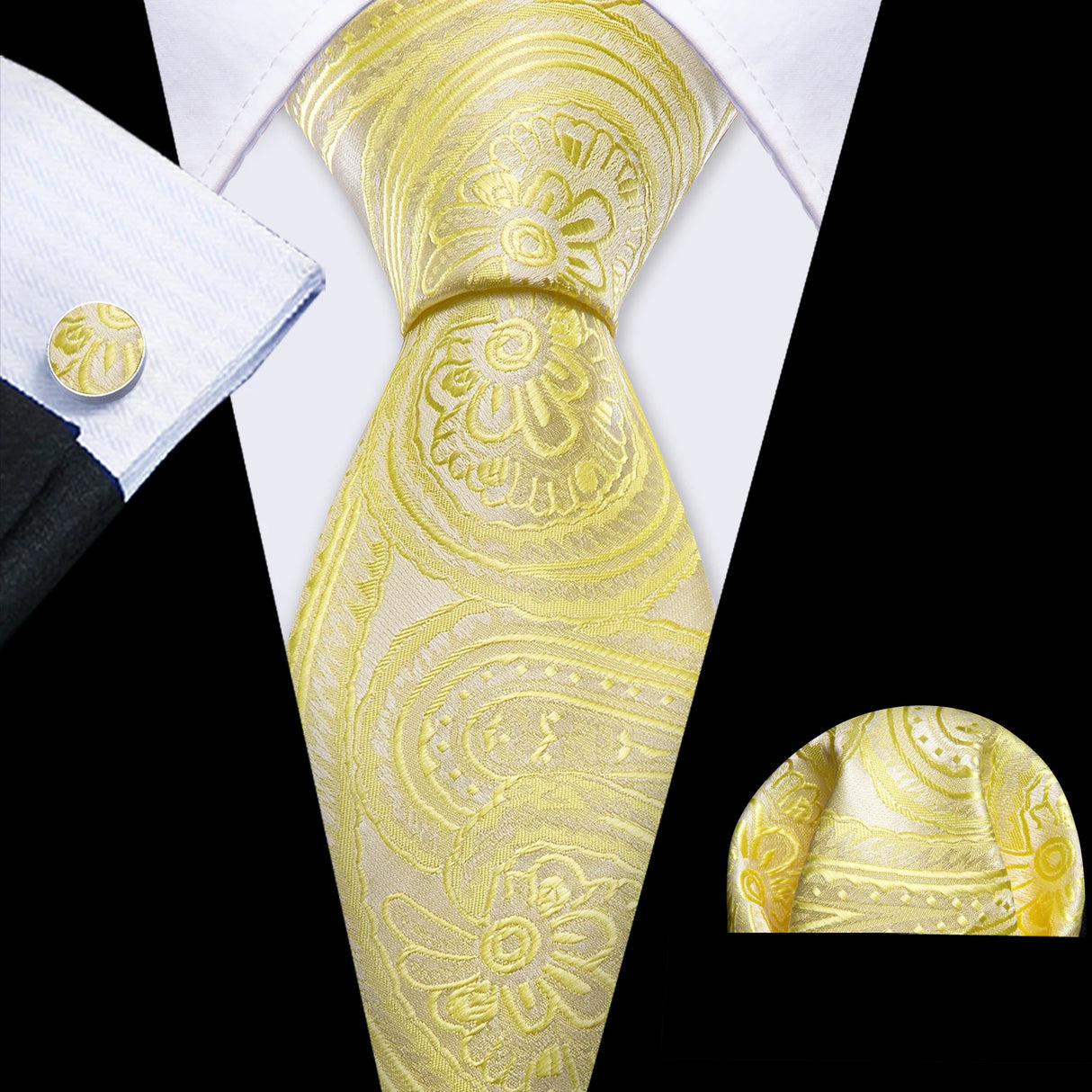 beige Tulip Silk Men Cufflink Jacquard Necktie Set
