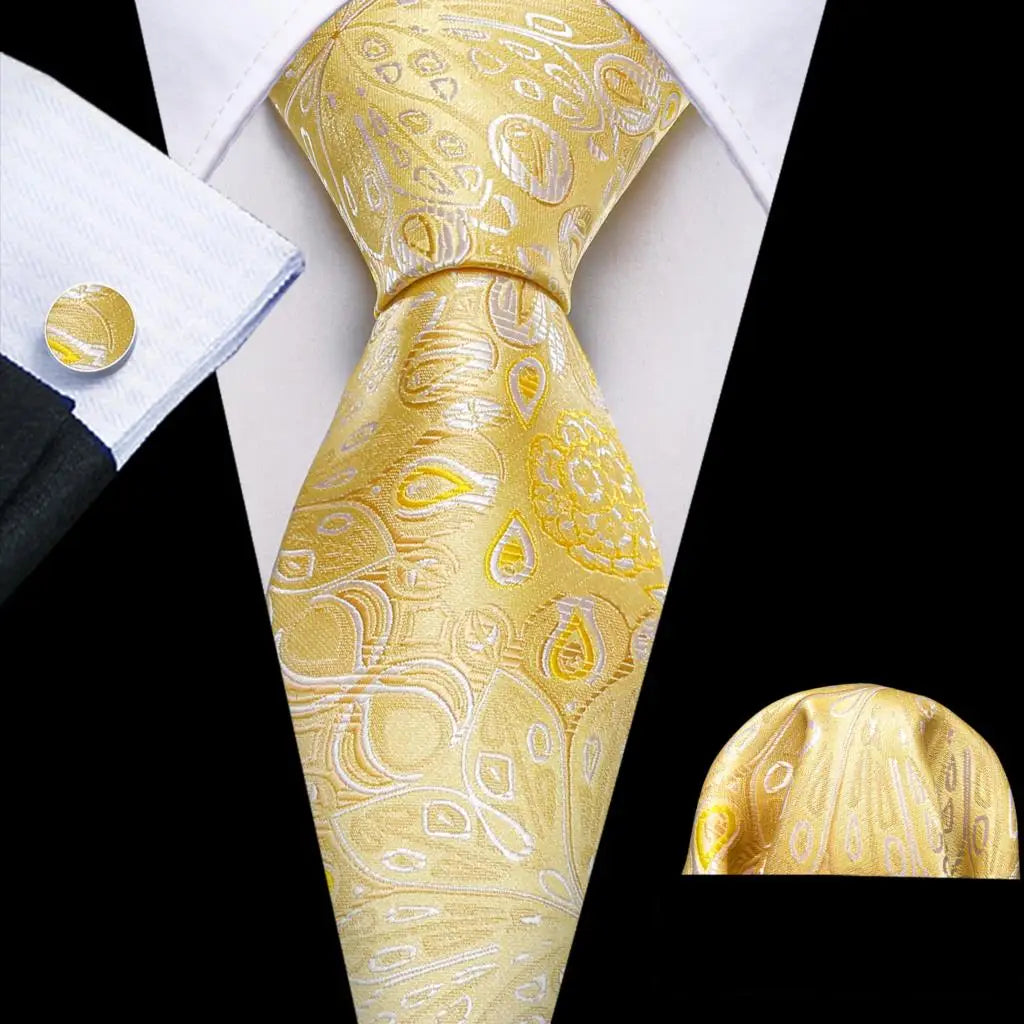 Gold Tulip Silk Men Cufflink Jacquard Necktie Set