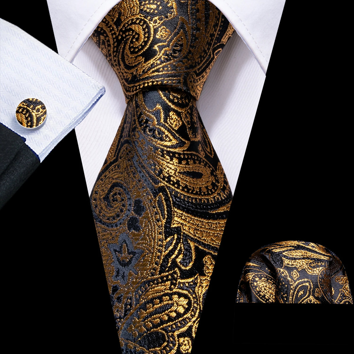 gold black Tulip Silk Men Cufflink Jacquard Necktie Set