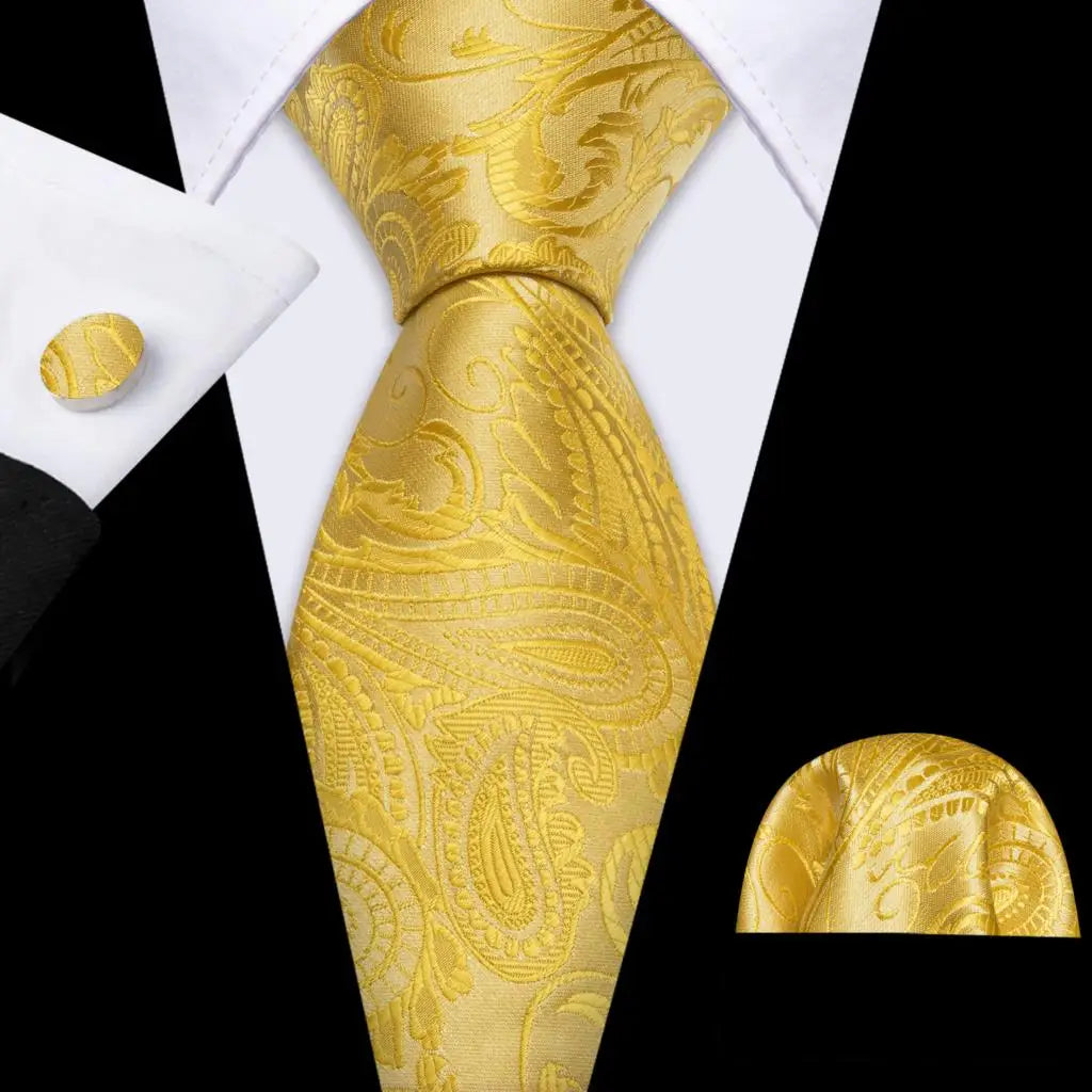 Gold Tulip Silk Men Cufflink Jacquard Necktie Set