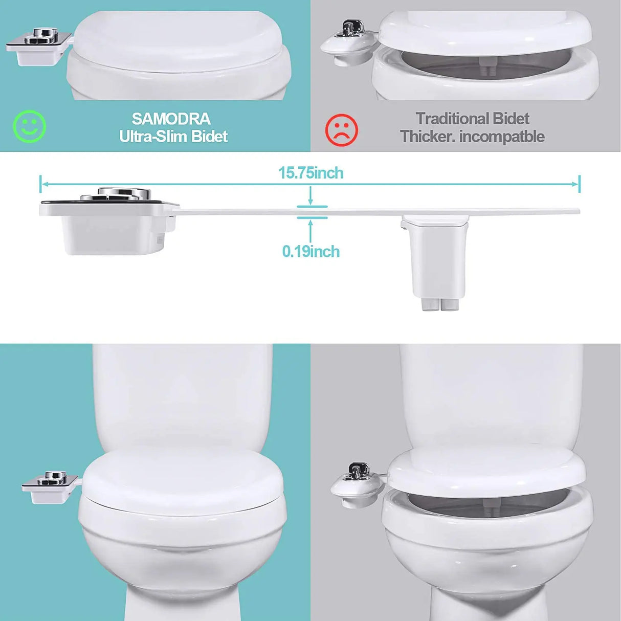 Ultra-thin non-electric bidet toilet seat attachment with dual nozzles for front and rear wash