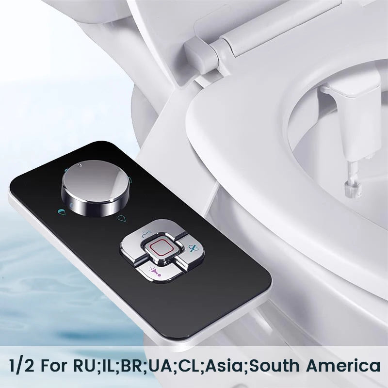 Ultra-thin non-electric bidet toilet seat attachment with dual nozzles for front and rear wash