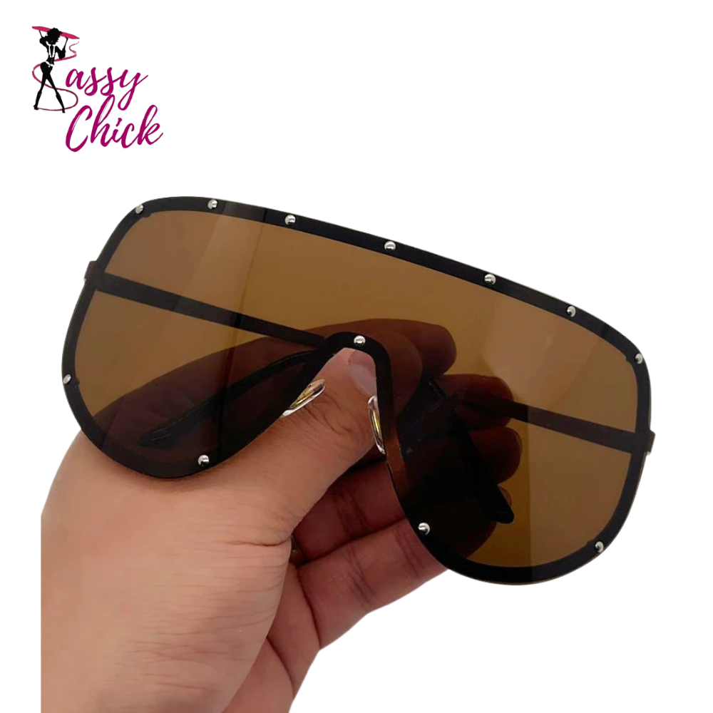 Unisex Rivet Oversized Frameless UV400 Sunglasses Sassy Chick Logo