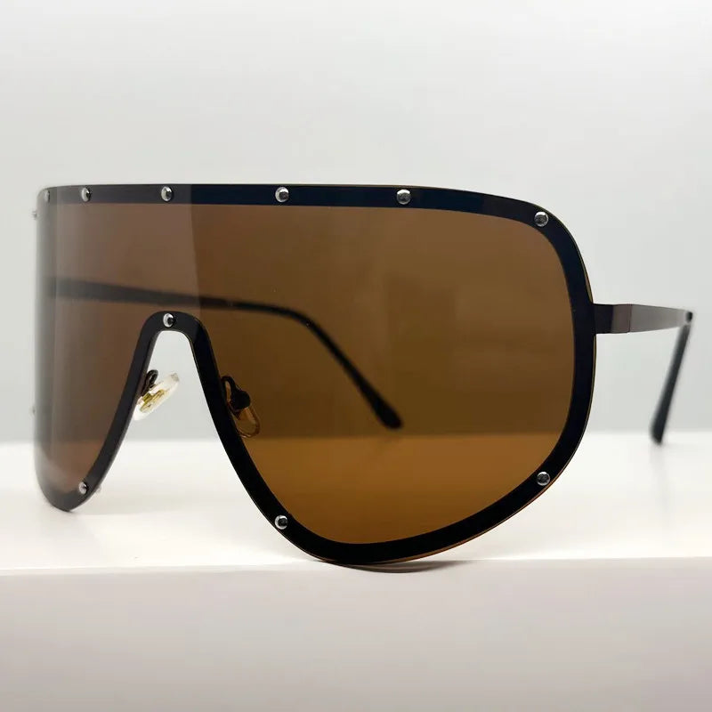 Brown Unisex Rivet Oversized Frameless UV400 Sunglasses