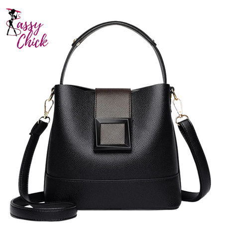 Versatile Leather Bucket Tote Bag Sassy Chick Logo