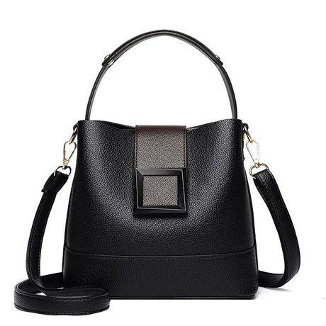 Black Versatile Leather Bucket Tote Bag