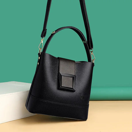 Black Versatile Leather Bucket Tote Bag
