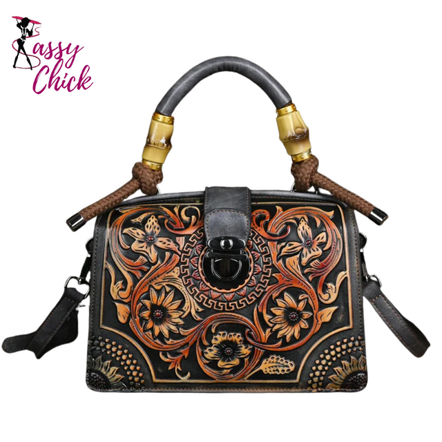 Vintage 3D Floral Pattern Leather Bag Sassy Chick Logo