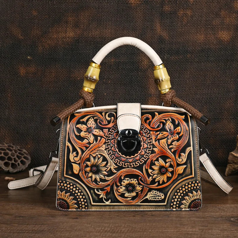 White Vintage 3D Floral Pattern Leather Bag