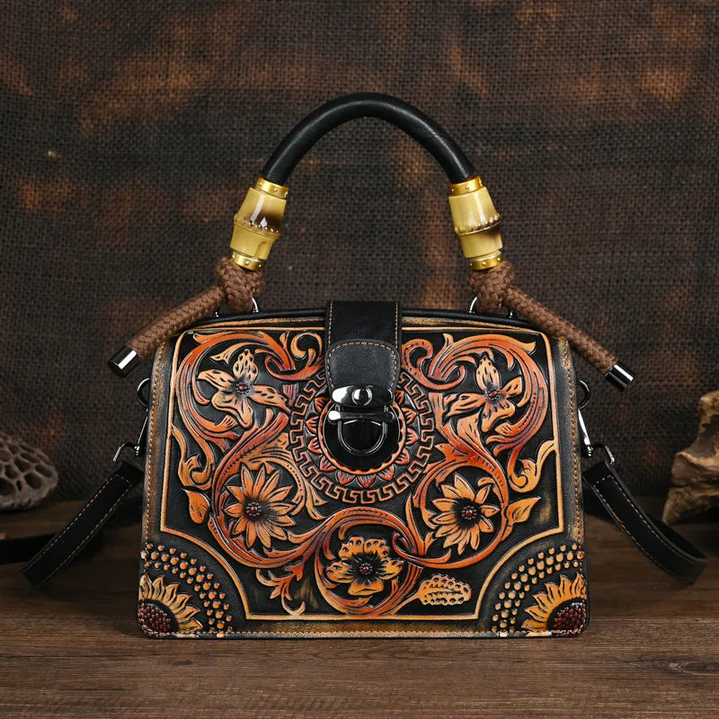 Brown Vintage 3D Floral Pattern Leather Bag