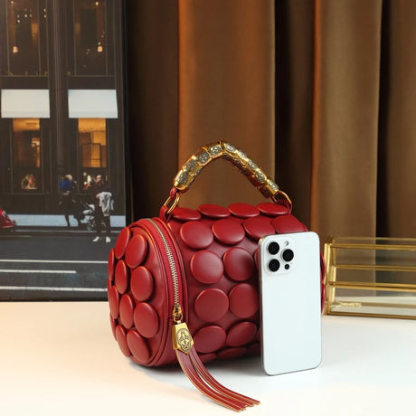 Vintage Button Round Cylinder Handbag