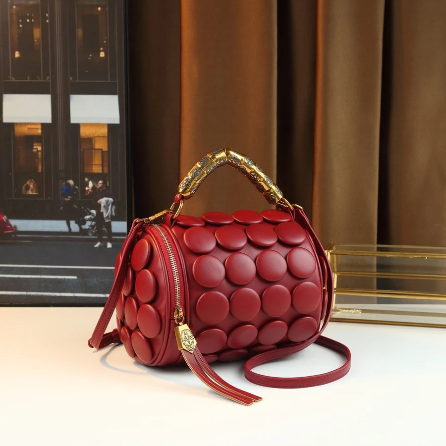 Red Vintage Button Round Cylinder Handbag
