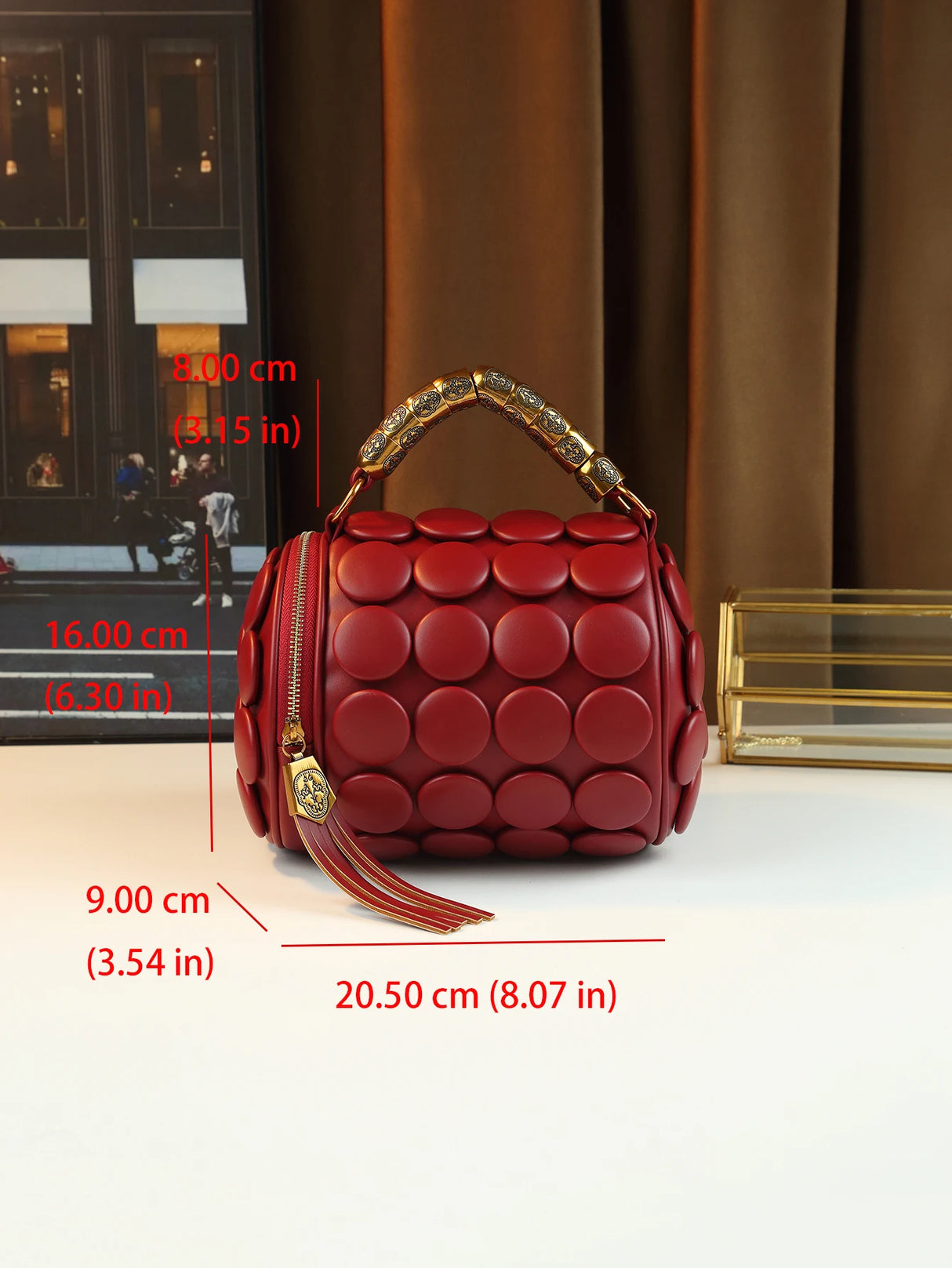 Size of Vintage Button Round Cylinder Handbag