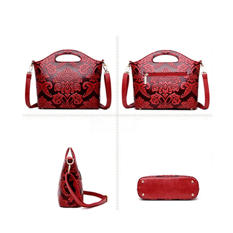 4 images each side of red floral bag