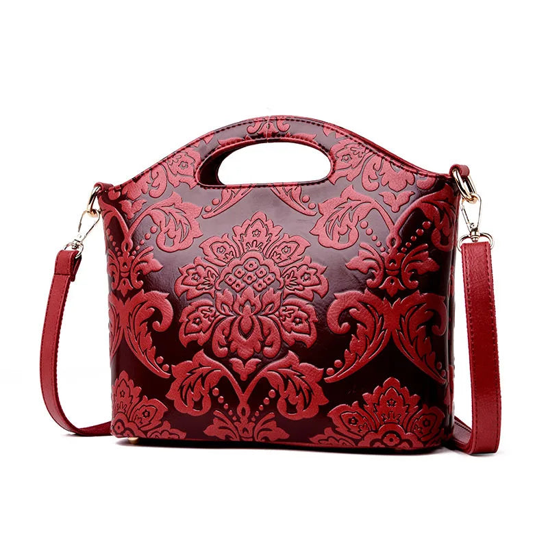 red floral handbag