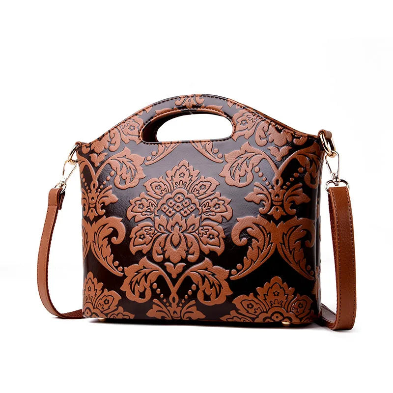 brown floral handbag