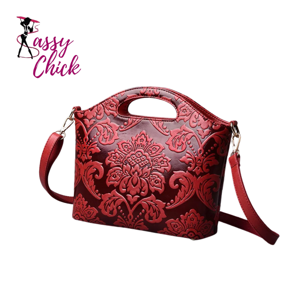 floral red handbag with sassy chick logo