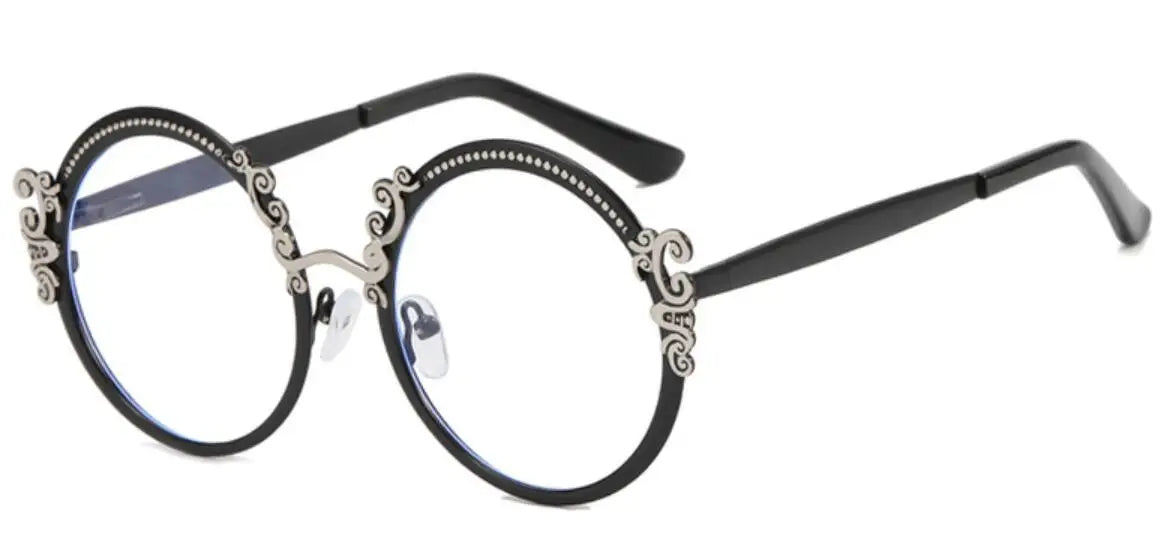 Black Vintage Engraved Round Clear Eyewear