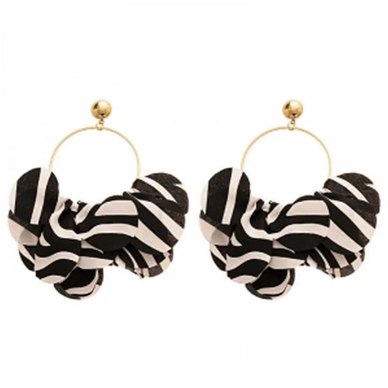 Black White Vintage Exaggerated Metal Big Round Fabric Petal Drop Earrings