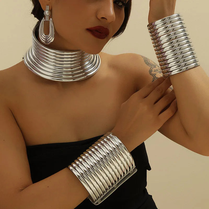 Model using Vintage Leather African Jewelry Set