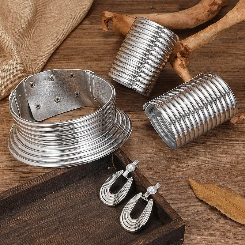 Vintage Leather African Jewelry Set silver