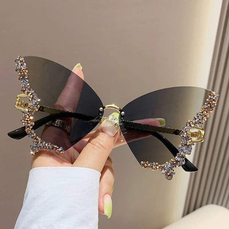 Black Vintage Rimless Oversized Diamond Butterfly Sunglasses