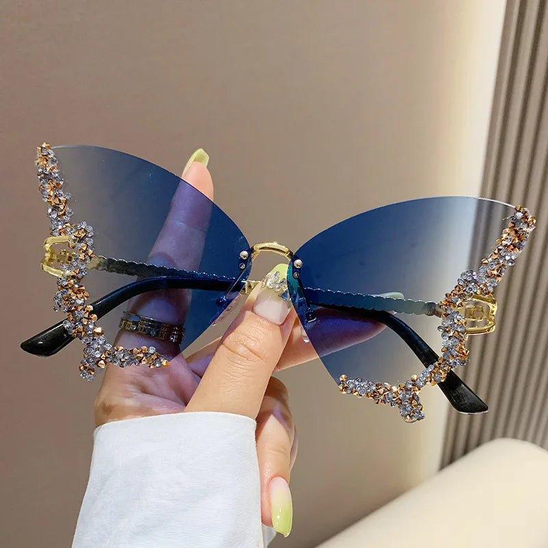 Pink Vintage Rimless Oversized Diamond Butterfly Sunglasses